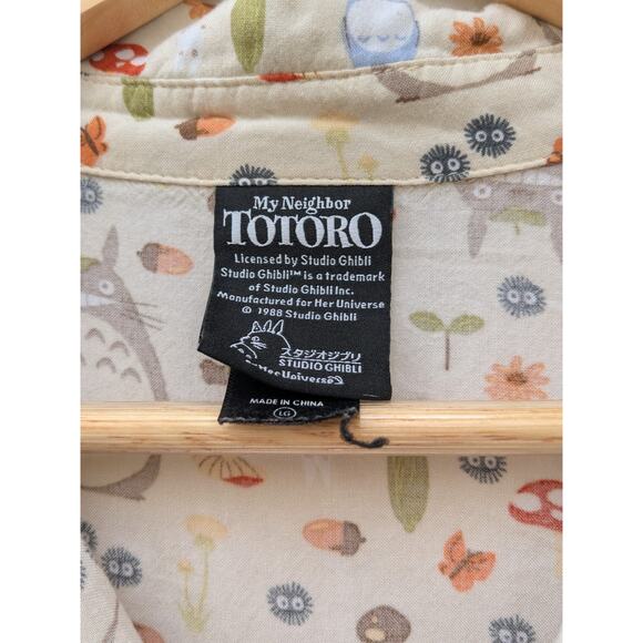 Studio Ghibli My Neighbor Totoro Butterflies Mushrooms Woven Button-Up Size L/G - Picture 2 of 10